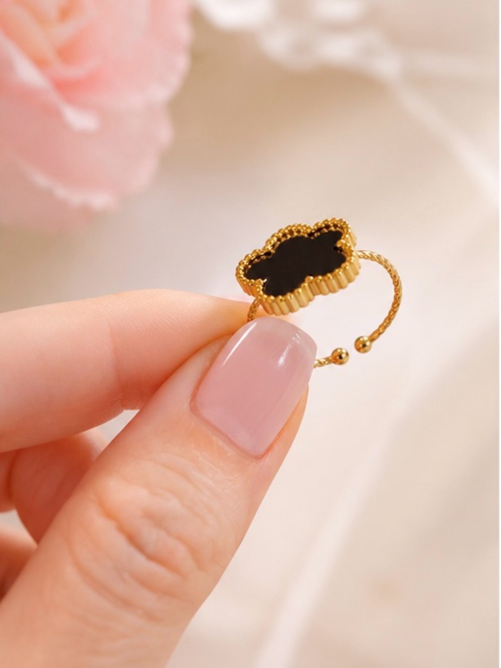 Black Clover Adjustable Stainless Steel Ring  Gold Tone | New in Pink Gift Box 💗